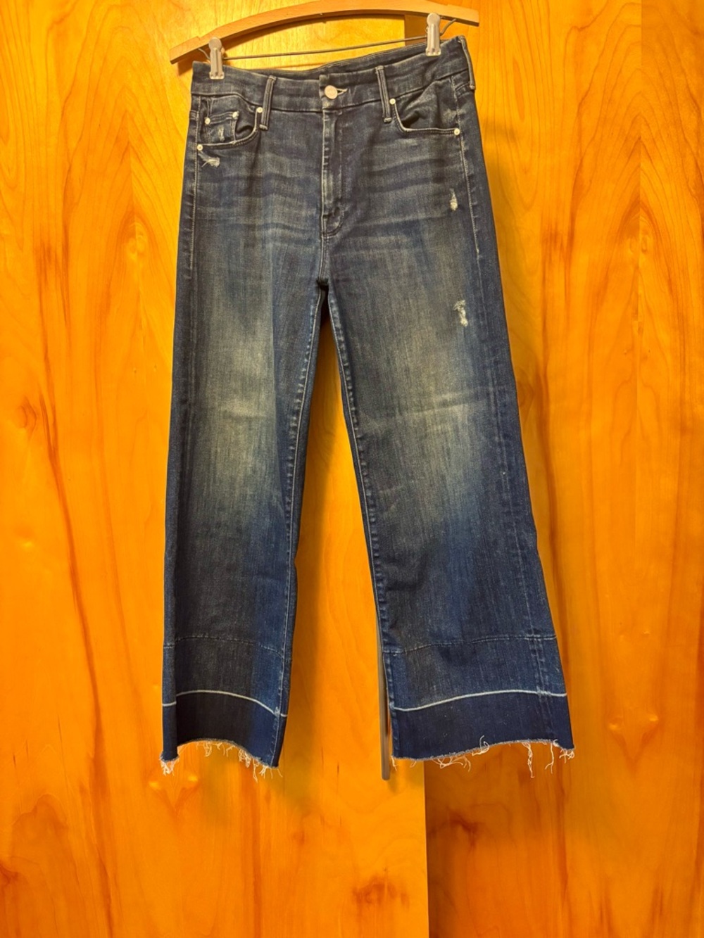 MOTHER The Roller Crop Dark Graffiti Wash Wide-Leg Distressed Jeans